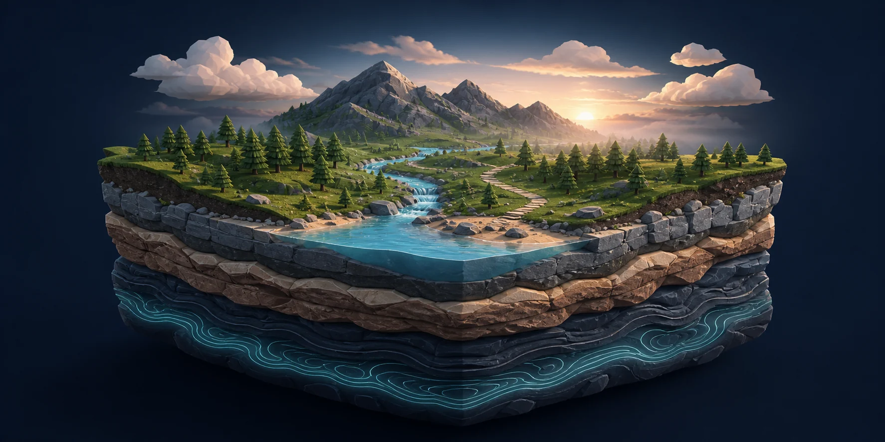 A floating game world shown as geological layers: shaders, terrain, water, vegetation, and atmosphere