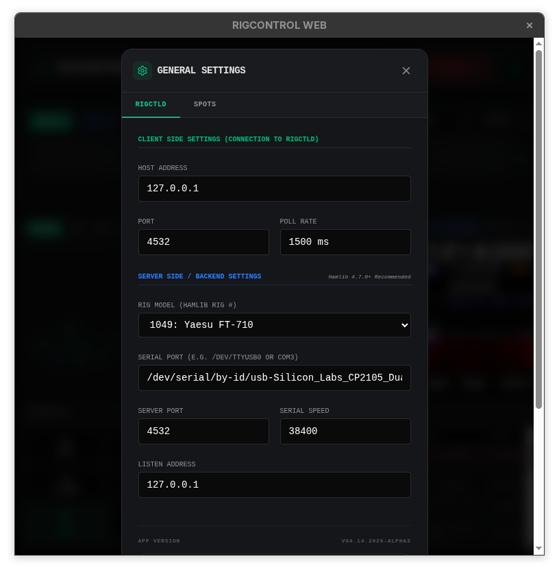 RigControl Web — rigctld Settings