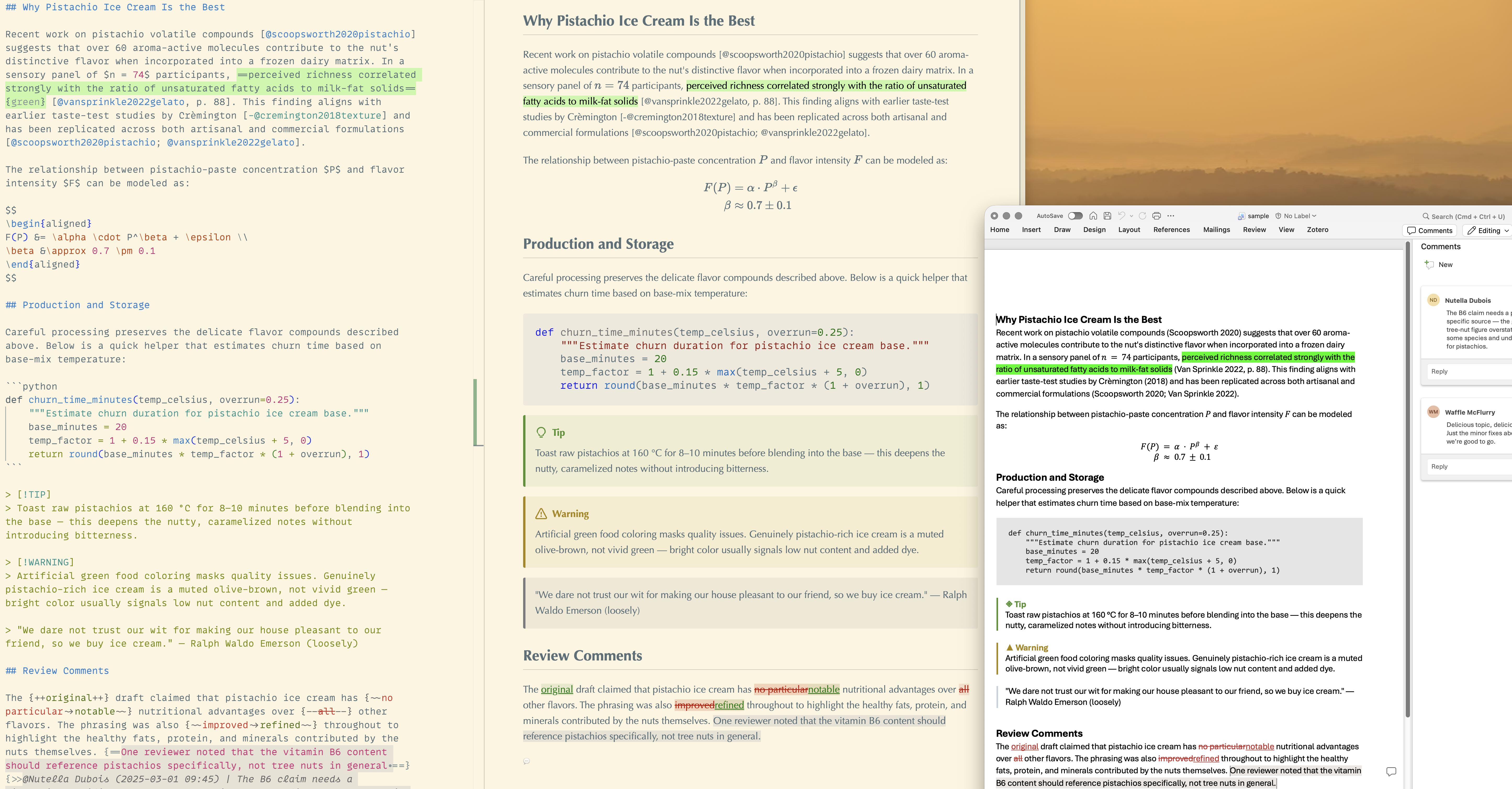 left: a VS Code window with an editor and preview tab showing side-by-side; right: same document in Word