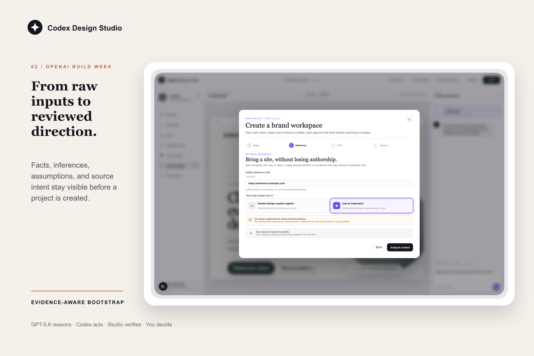From raw brand references to a reviewed creative direction.