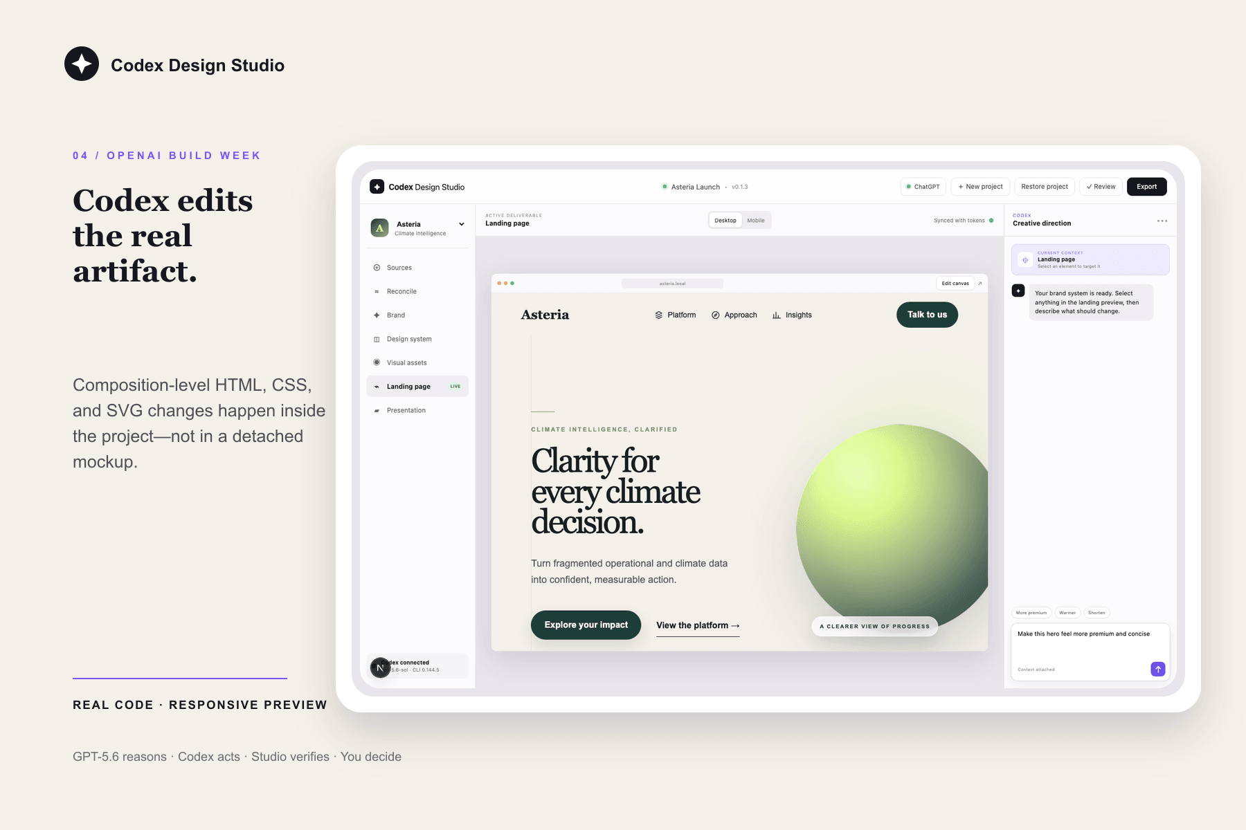 Codex Design Studio edits the real artifact, not just a mockup.