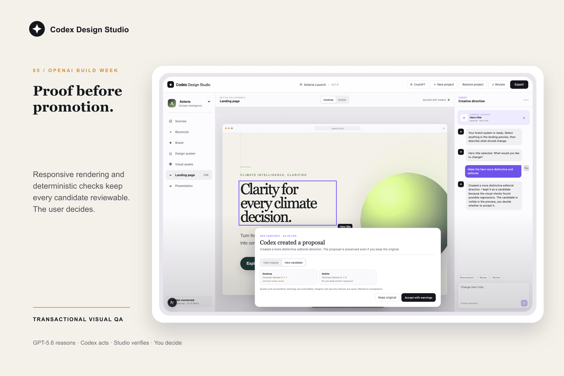 Proof before promotion: visual QA and review before accepting a change.