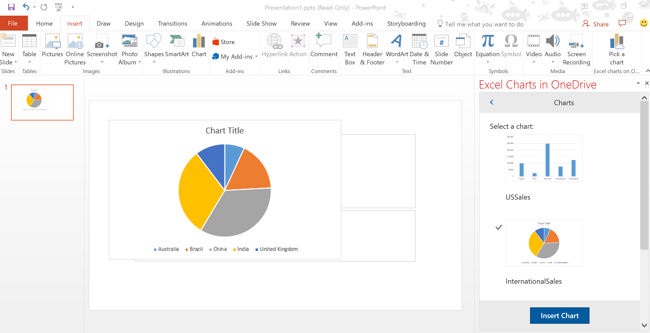 Insert Excel charts using Microsoft Graph in a PowerPoint Add-in sample