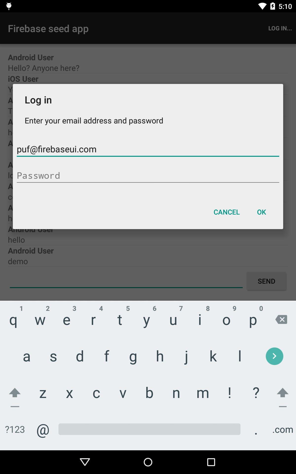 The app in on a Nexus 9, with its login screen showing