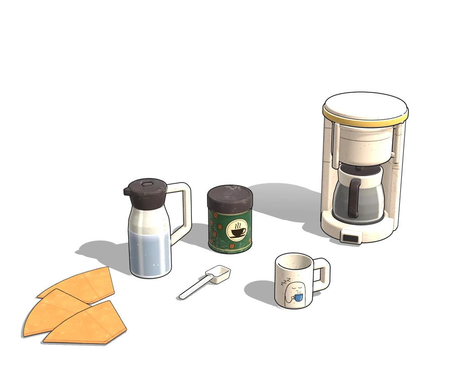 The coffee example training: filter, water and coffee powder go into the machine, the coffee brews and is poured into a mug