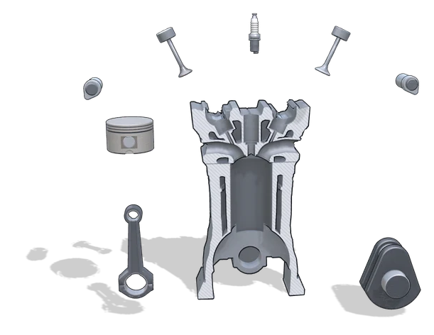 The four-stroke engine example training: the parts of one cylinder are assembled step by step
