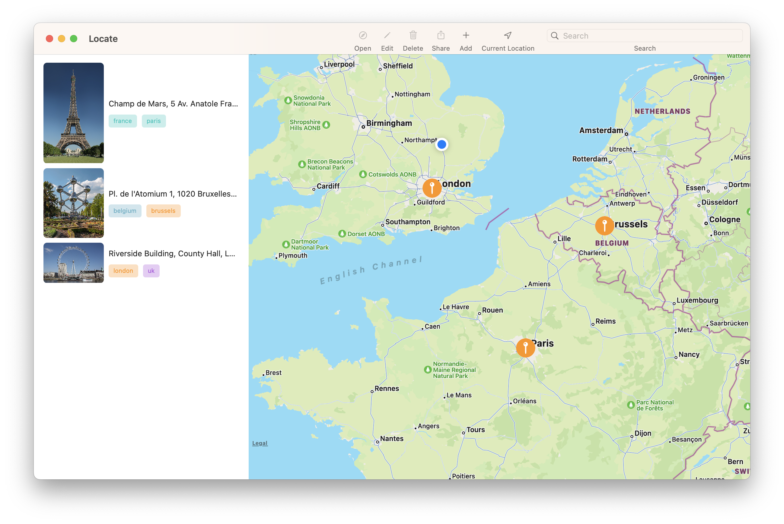 Screenshot of Locate showing a map of some tourist attractions