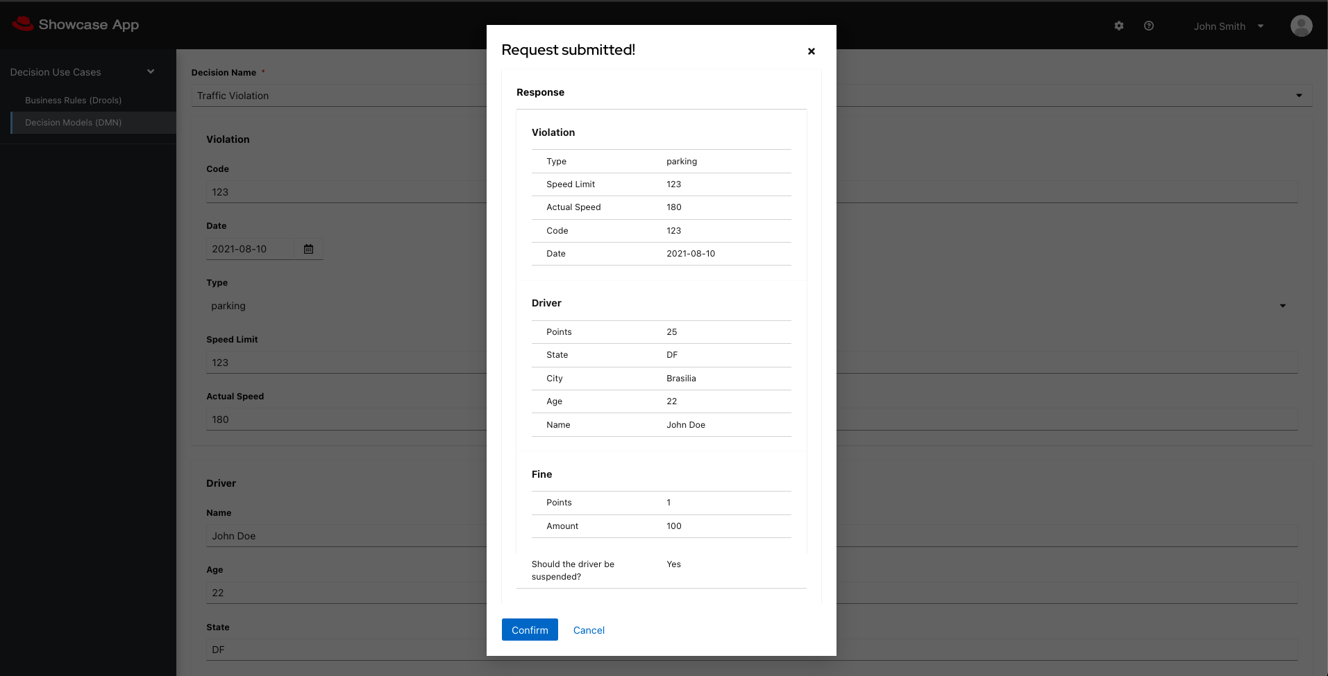 Decision Result in Web app