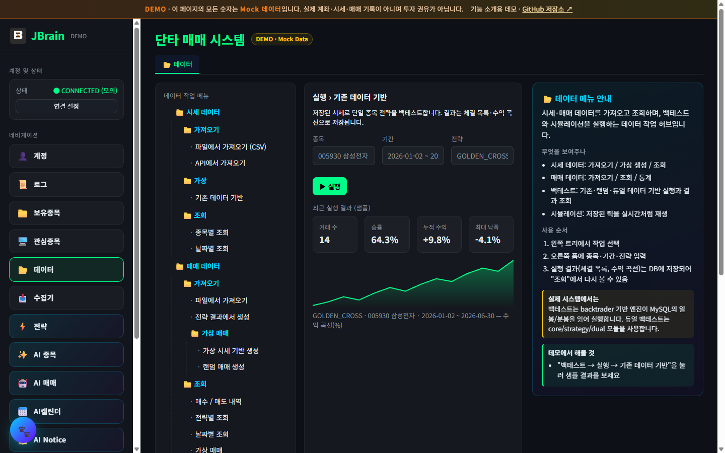 백테스트 실행 결과 화면 (데모)