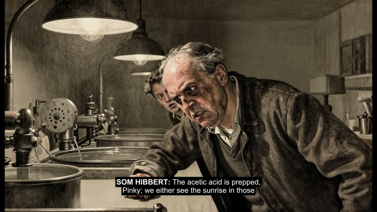 A frame from THE SHIVERING GAUGE: two men over developing tanks in a film lab, drawn in the storybook-engraving style, with a speaker-labelled caption burned in. Click to watch the episode.