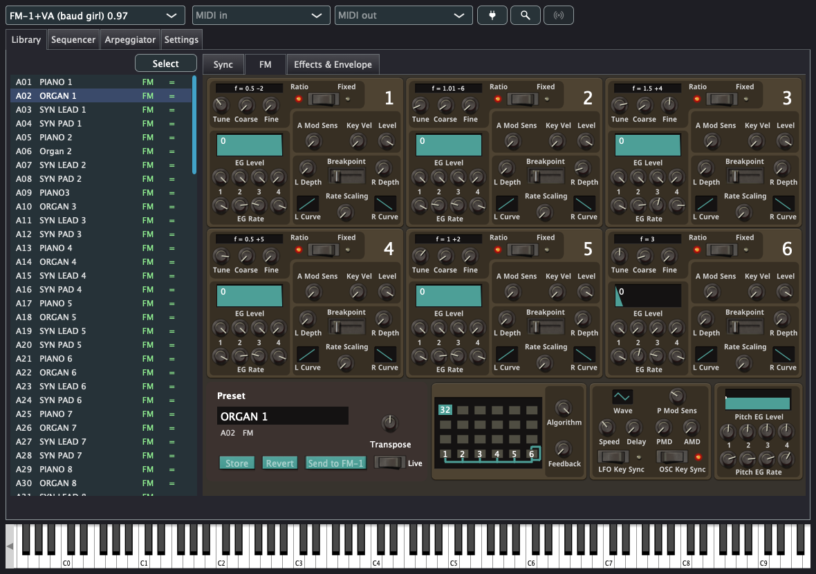 Virtual FM-1 plugin window with a preset list on the left and the six-operator FM editor with algorithm diagram for the preset SYN LEAD 1, above an on-screen keyboard
