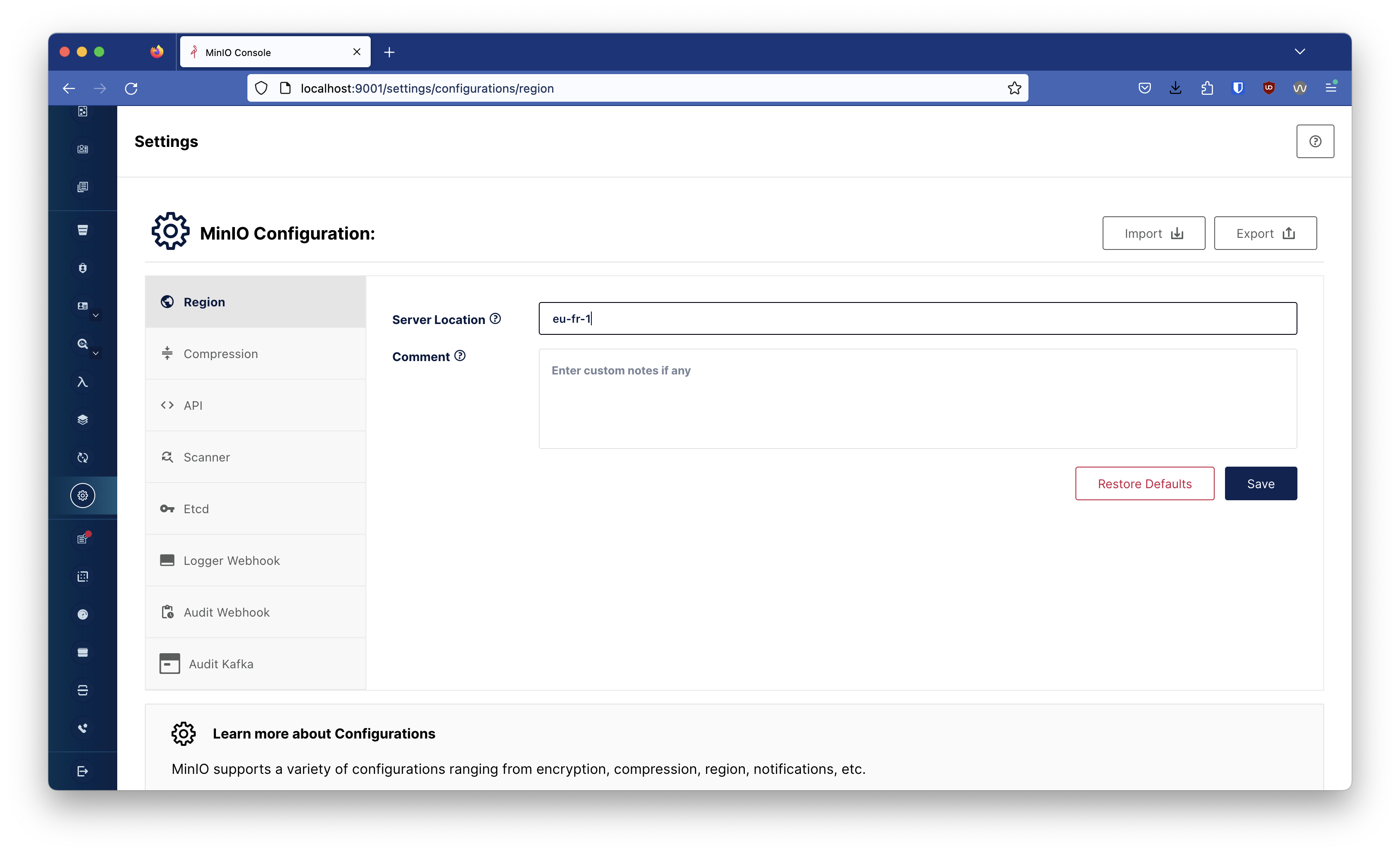 Region Configuration in MinIO