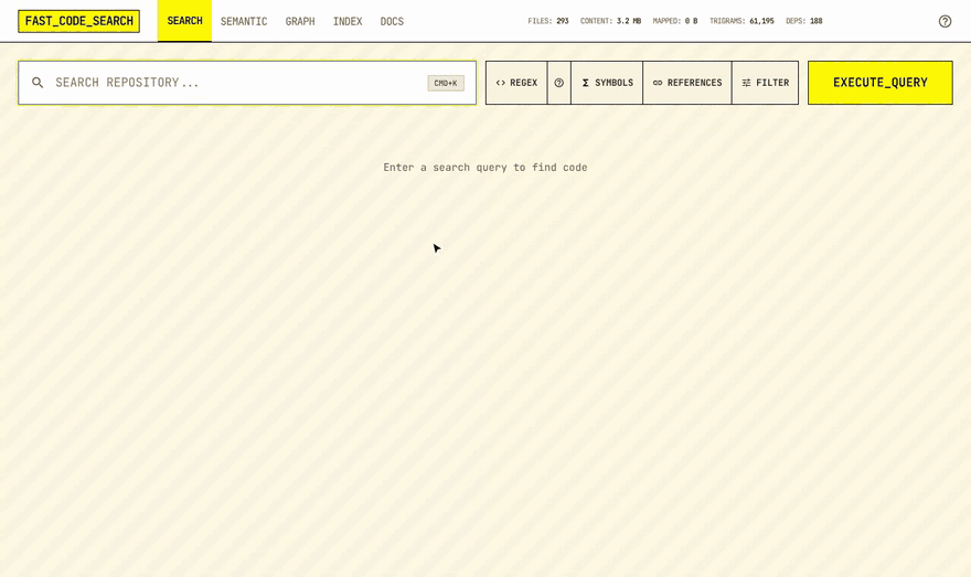 Typing TrigramIndex in the web UI: the struct definitions rank first, then the file viewer and a phrase search