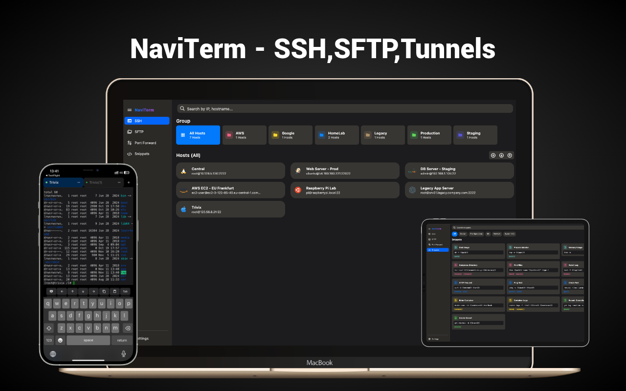 Your all-in-one SSH terminal, SFTP client, and port forwarding tool, built from the ground up for macOS, iPhone, and iPad.