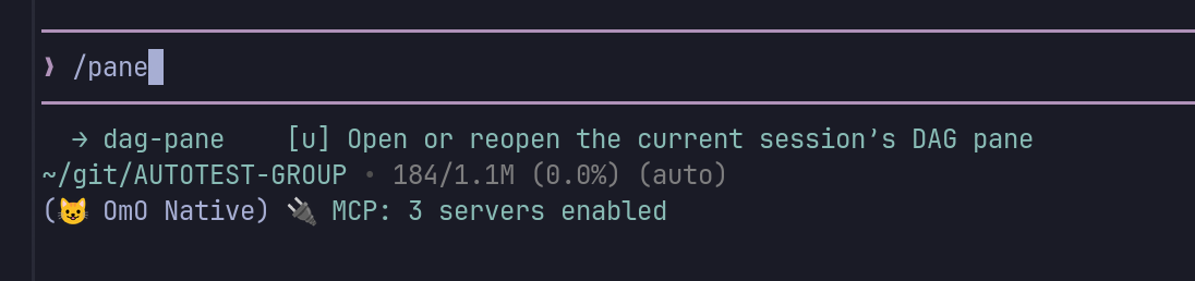 OmO command completion listing dag-pane with an English description for opening or reopening the current session's DAG pane.