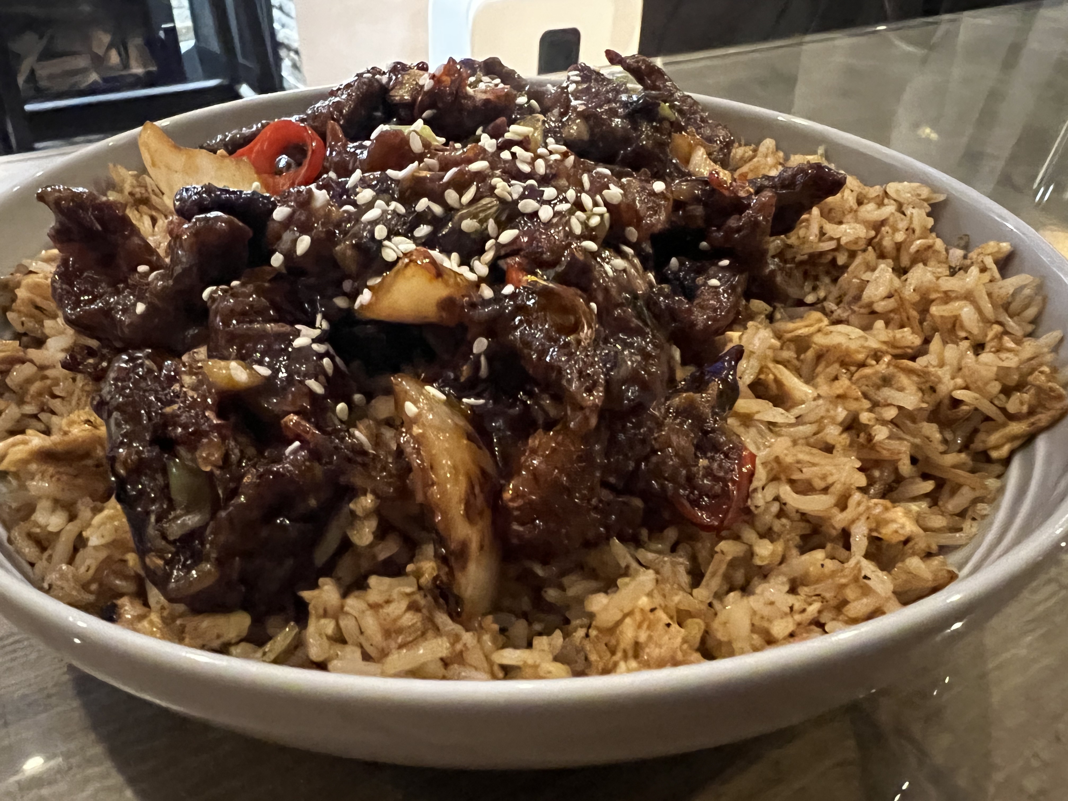 Crispy beef with egg fried rice