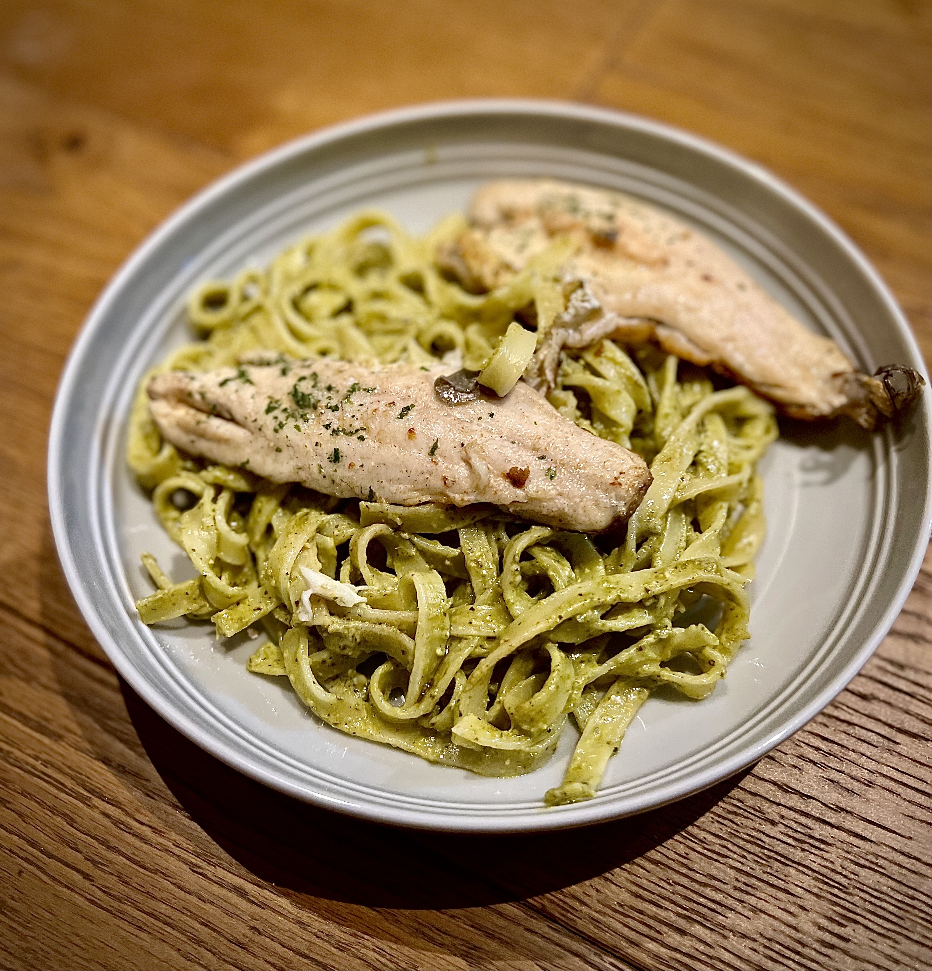 Pesto tagliatelle with sea bass