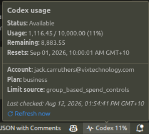 Codex Usage hover panel with spend-limit details and refresh link