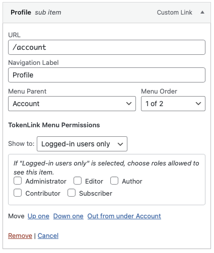 Account submenu item visible only to logged in users.