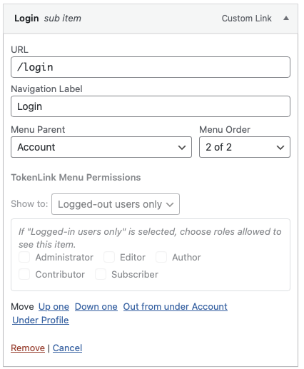 Account parent with submenu login link visible to logged out users.