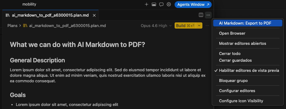 Export from Cursor Plan — three-dot menu