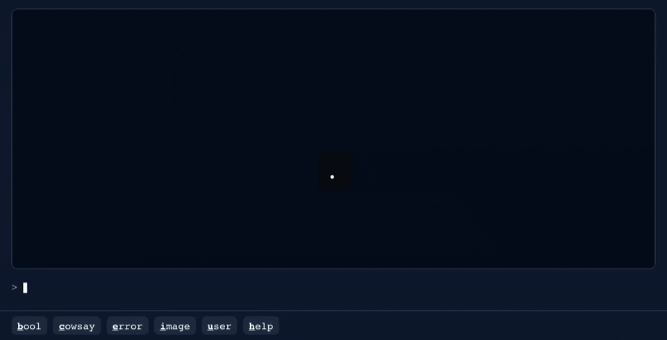 Citadel demo: "." opens the console, "c Hello!" expands to cowsay and prints an ASCII cow, then "u s 1234" expands to user show 1234 and renders a JSON result inline