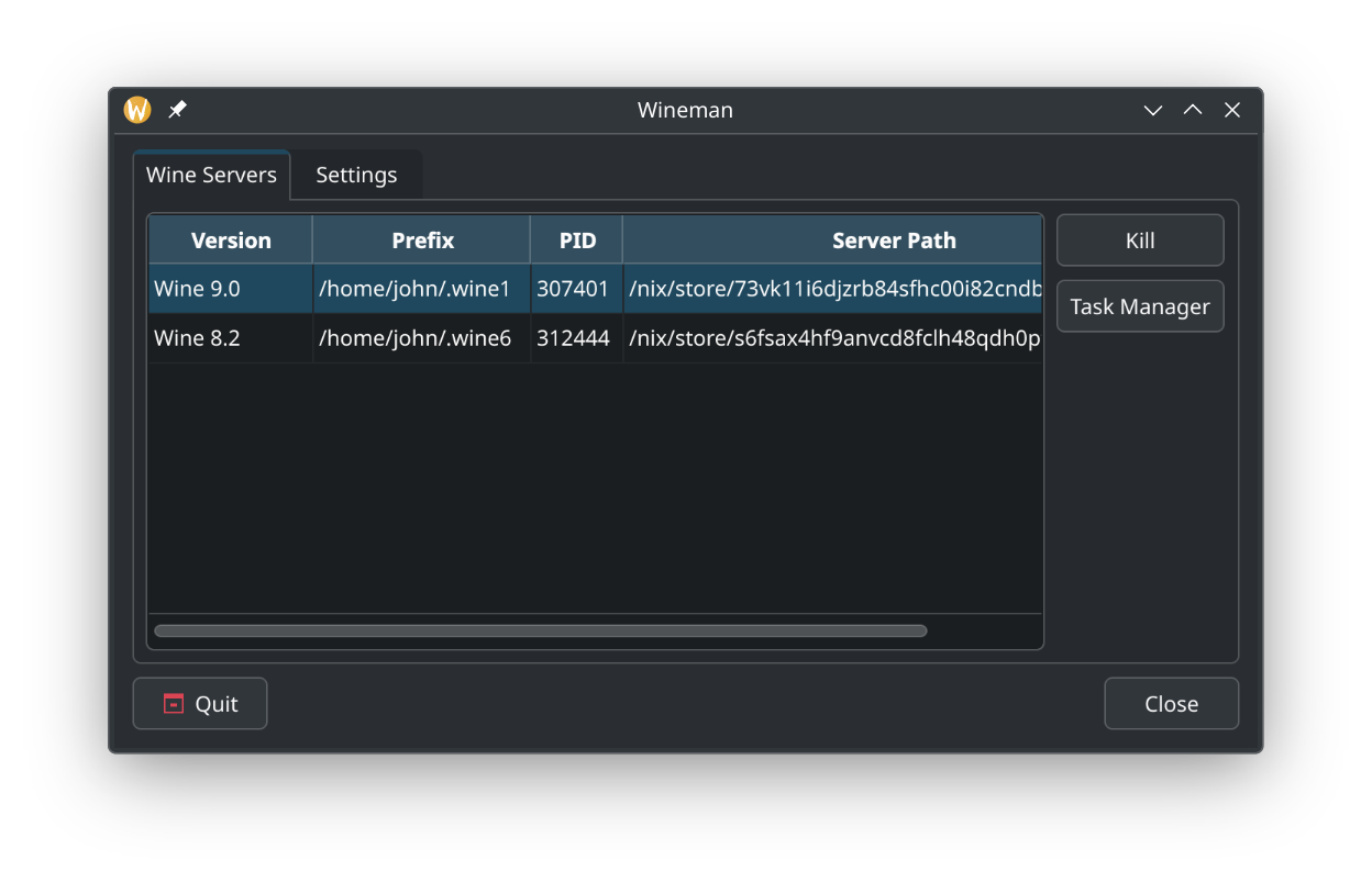 A screenshot of Wineman showing a couple of running instances of Wine.