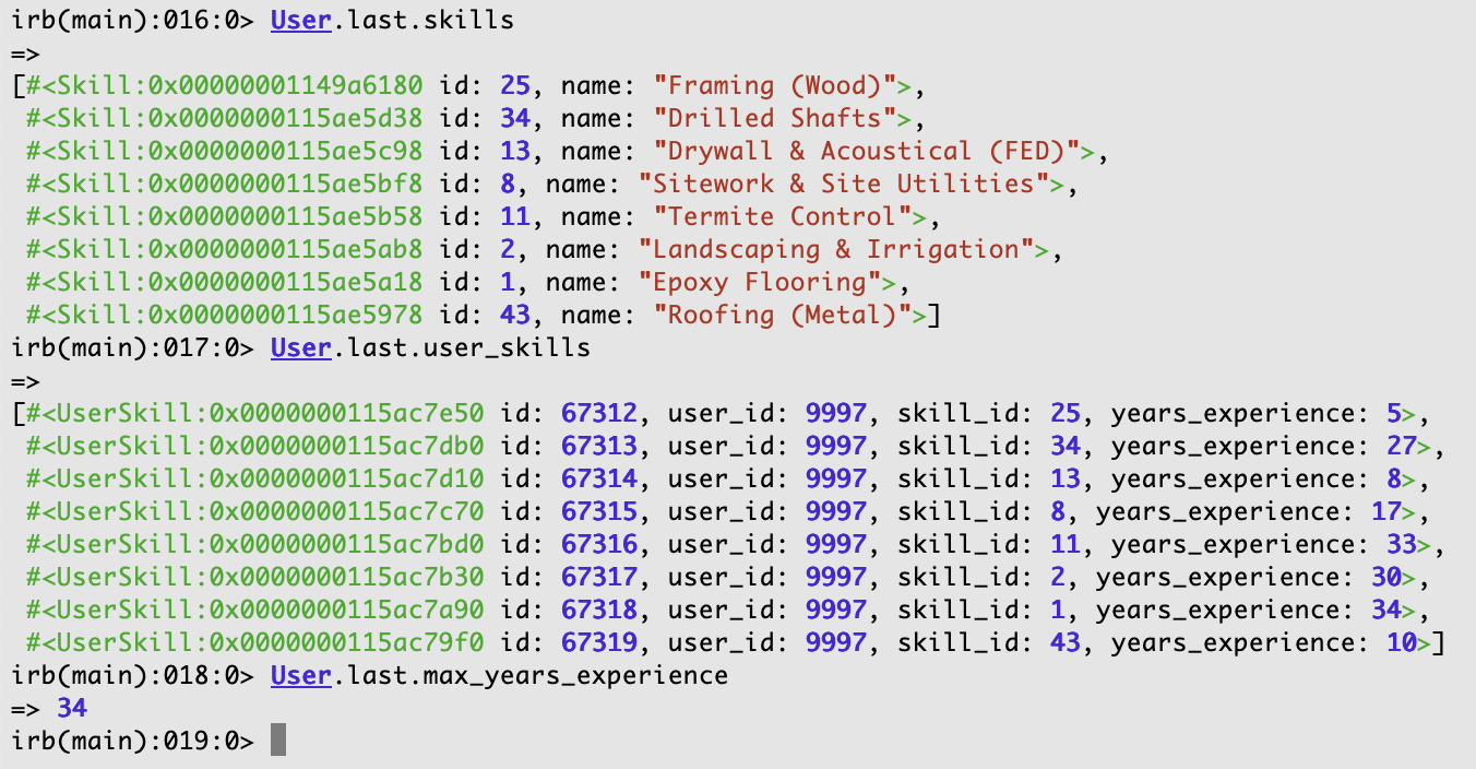 Rails console output showing Users, associated User Skills, Skills, and a maximum number of years of experience