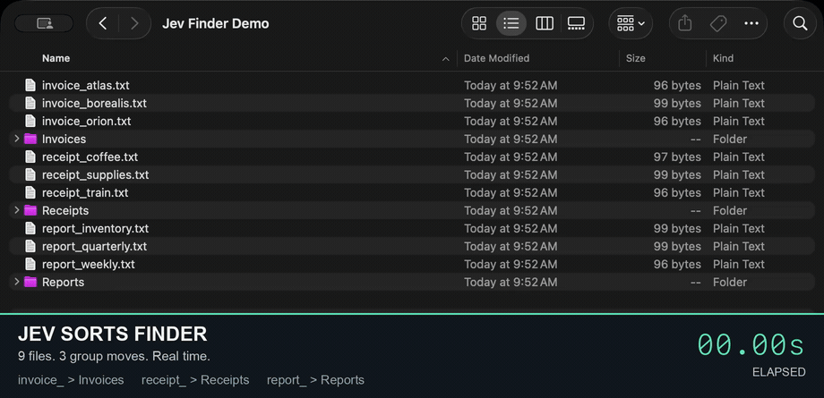 Jev macOS AI agent sorts nine files in Finder into Invoices, Receipts, and Reports with an elapsed timer