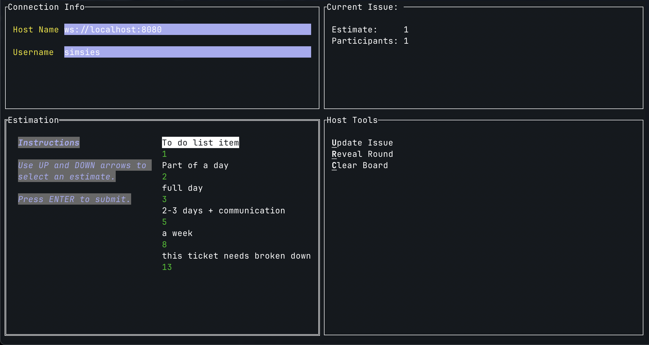 The CLI app running in host mode displaying the host controls.