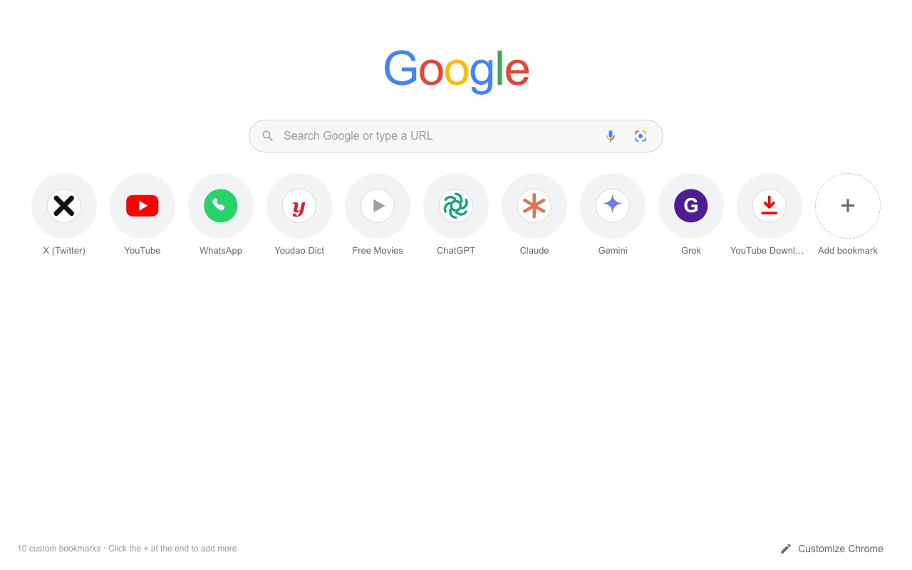 Booklett new tab in light theme: a centered grid of bookmark icons under the search bar