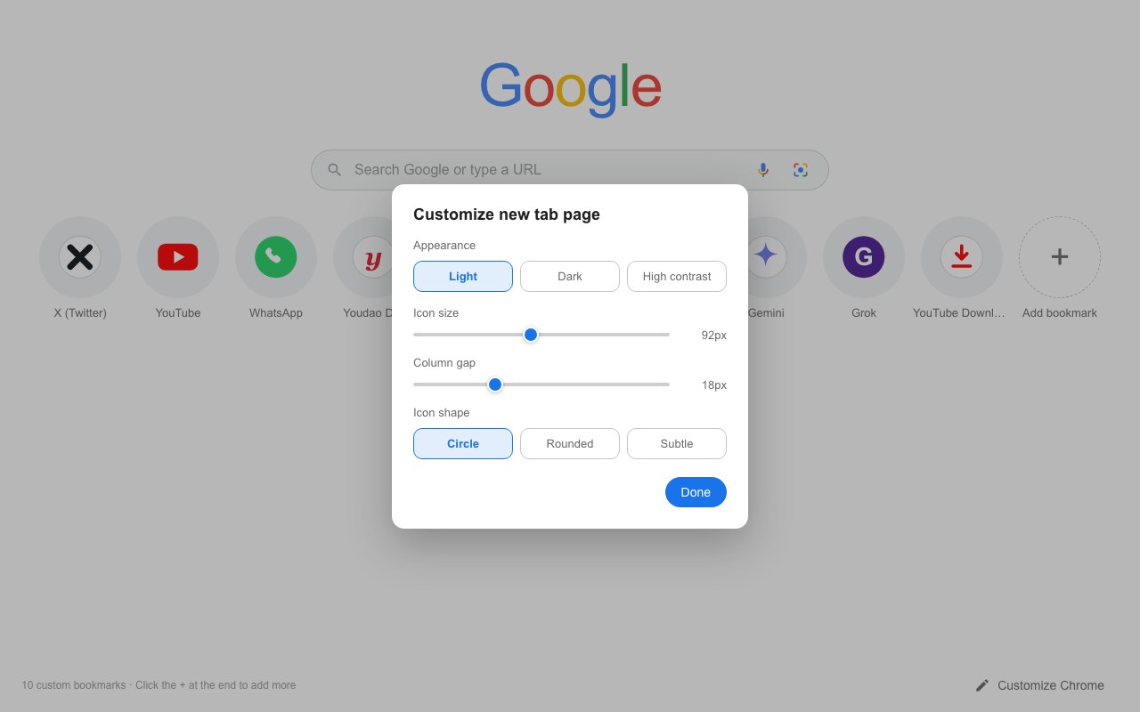 The customize settings panel with appearance, icon size, column gap and icon shape options