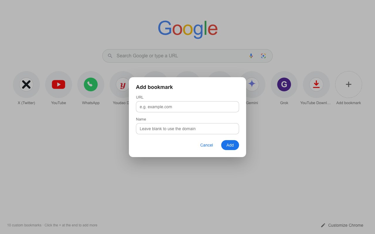 The add-bookmark dialog asking for a URL and name