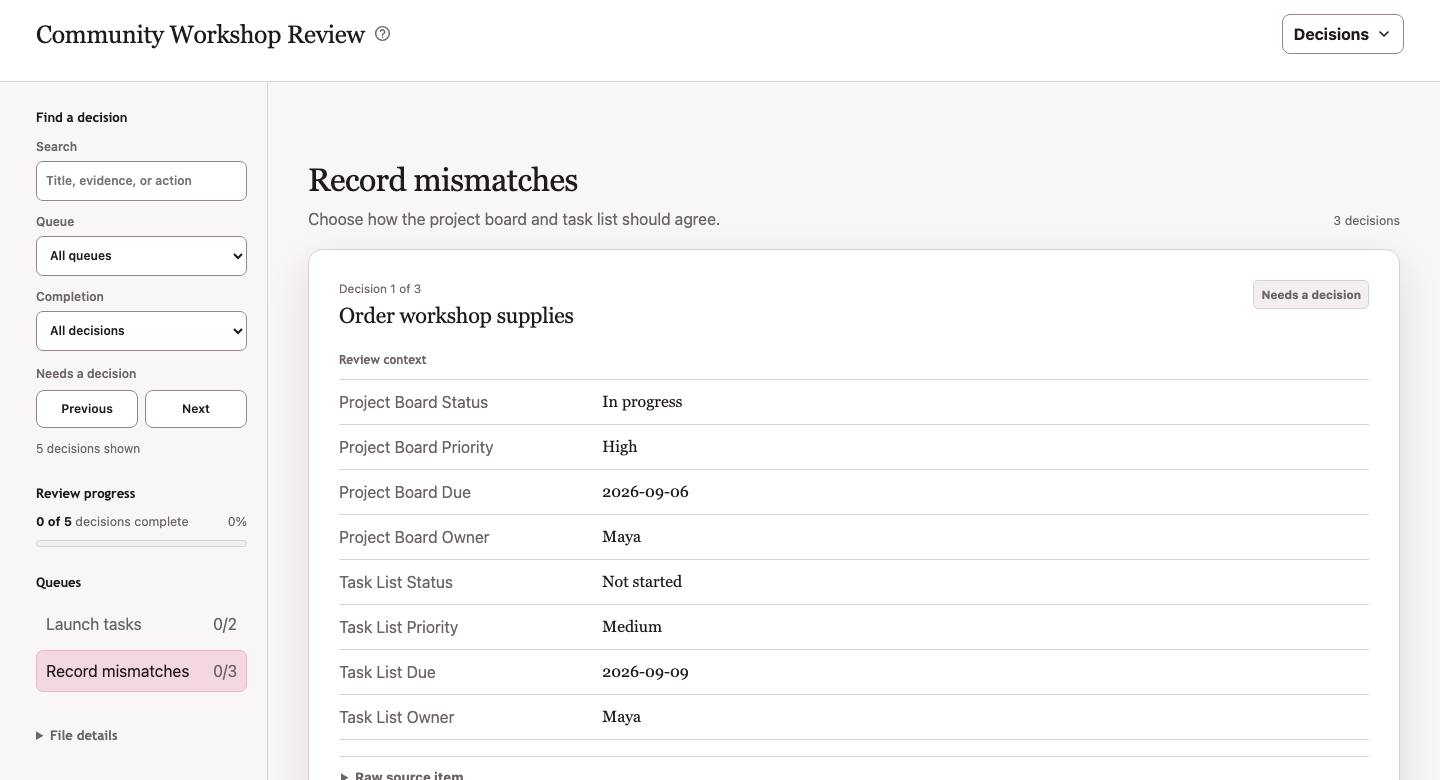 A two-record comparison showing differences between a project board and task list with explicit alignment choices
