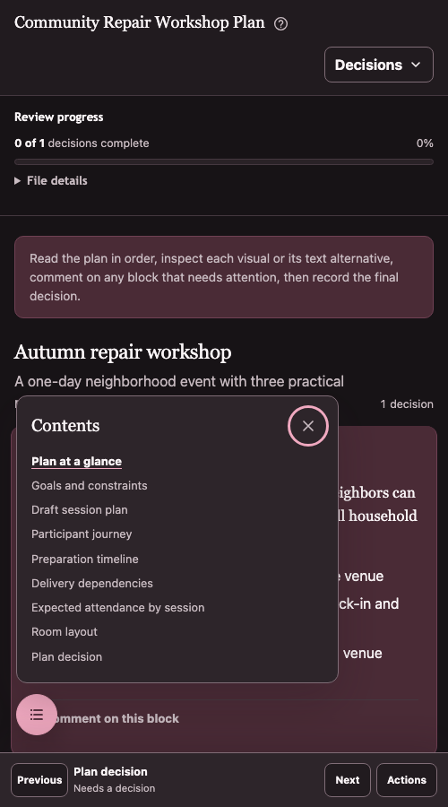 The nonmodal document contents drawer open over a mobile planning console