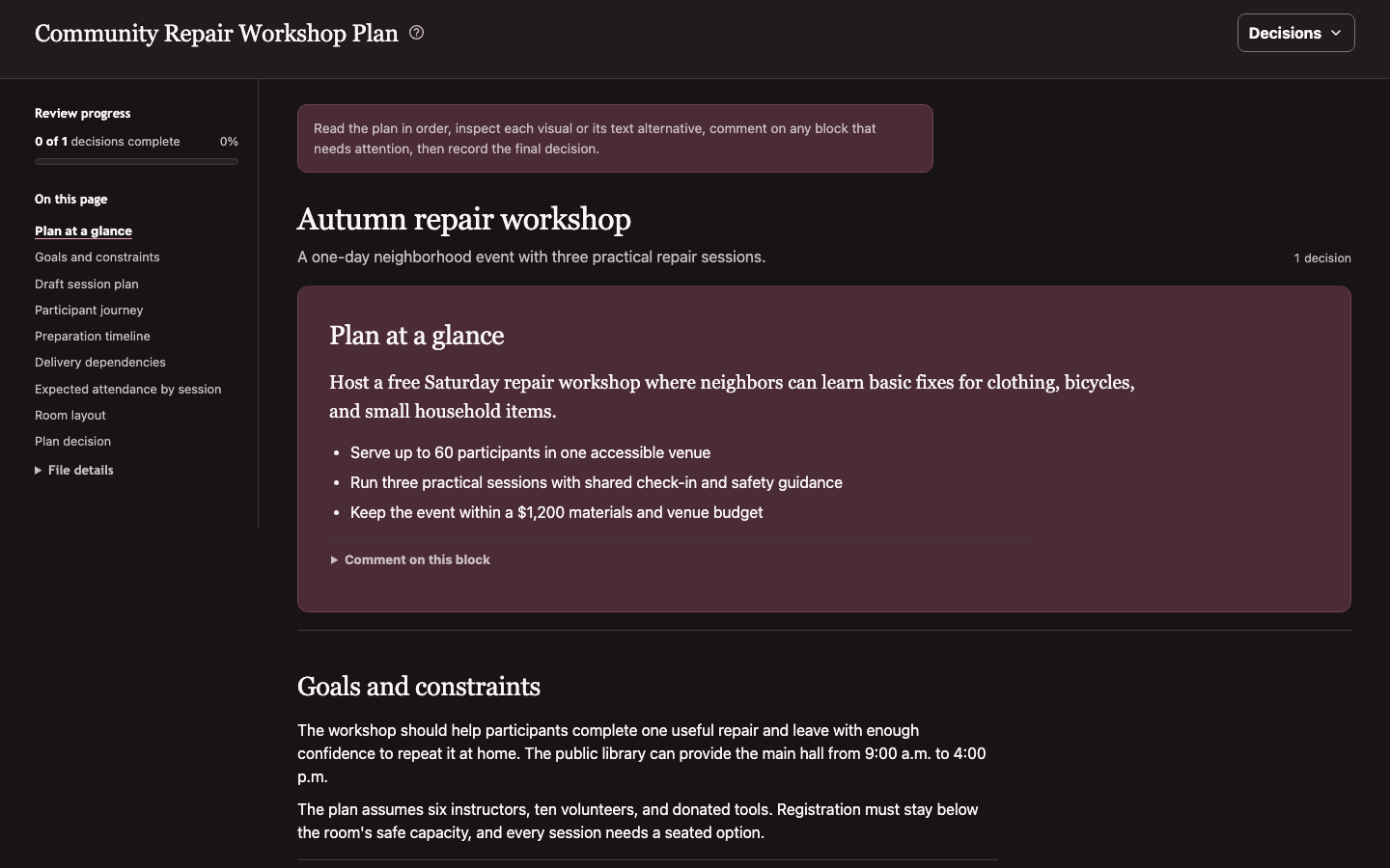 A community repair workshop plan open in Offgrid Review's dark theme, with document contents, review progress, block comments, and decision export controls