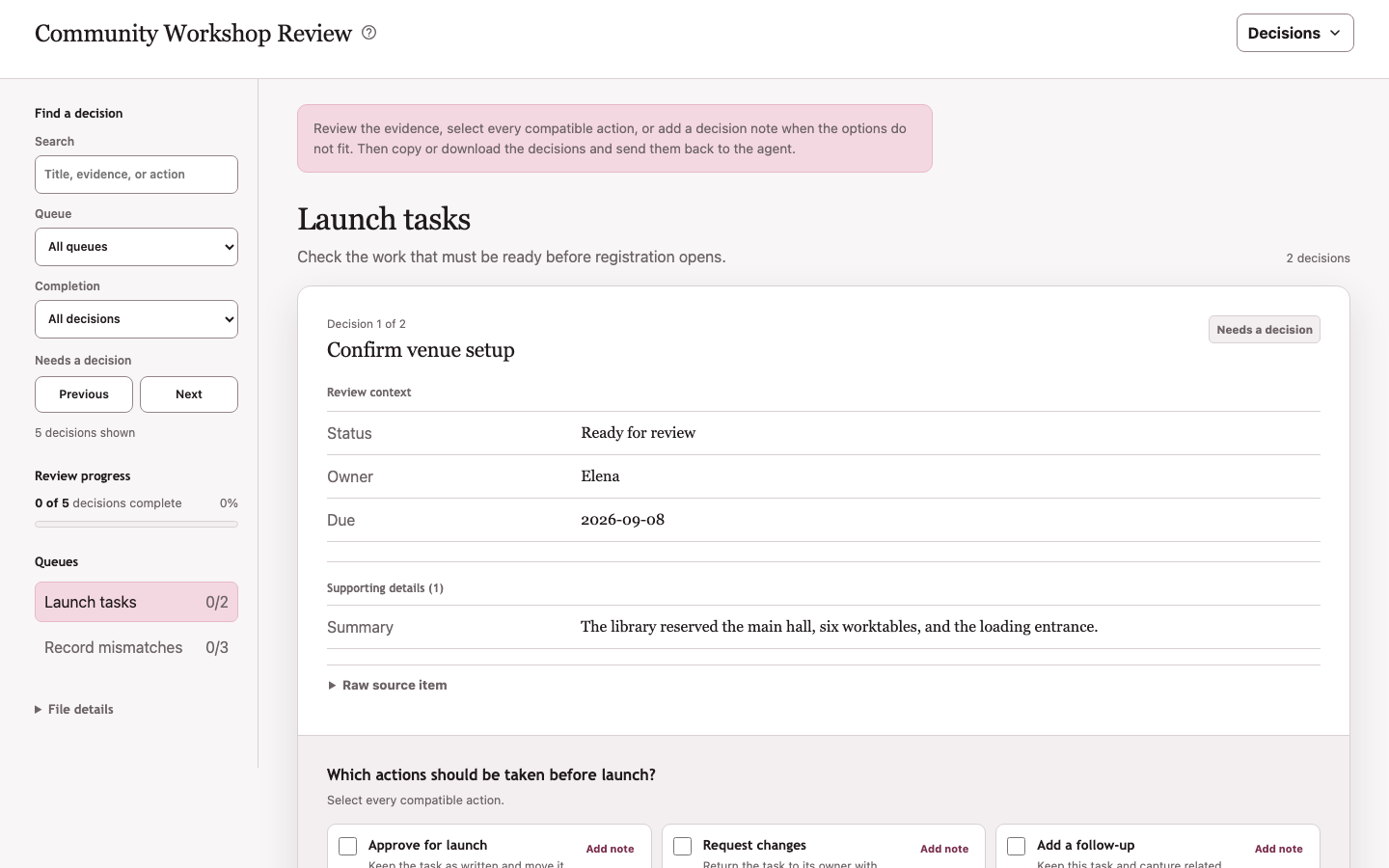 A community workshop decision batch showing search, queue navigation, evidence, compatible actions, notes, and review progress
