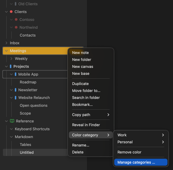 The context menu on a folder