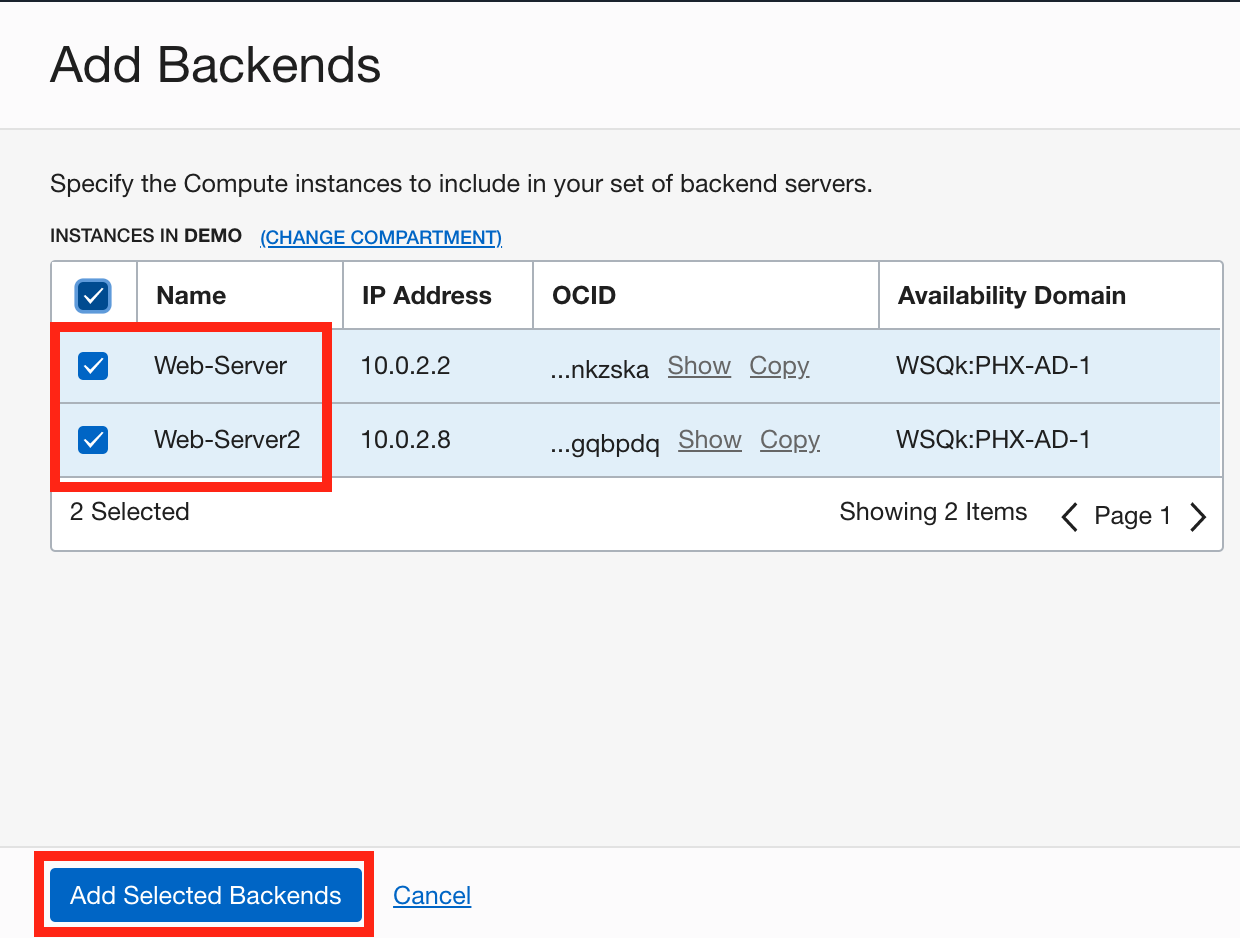 Select the backend servers to use with the load balancer