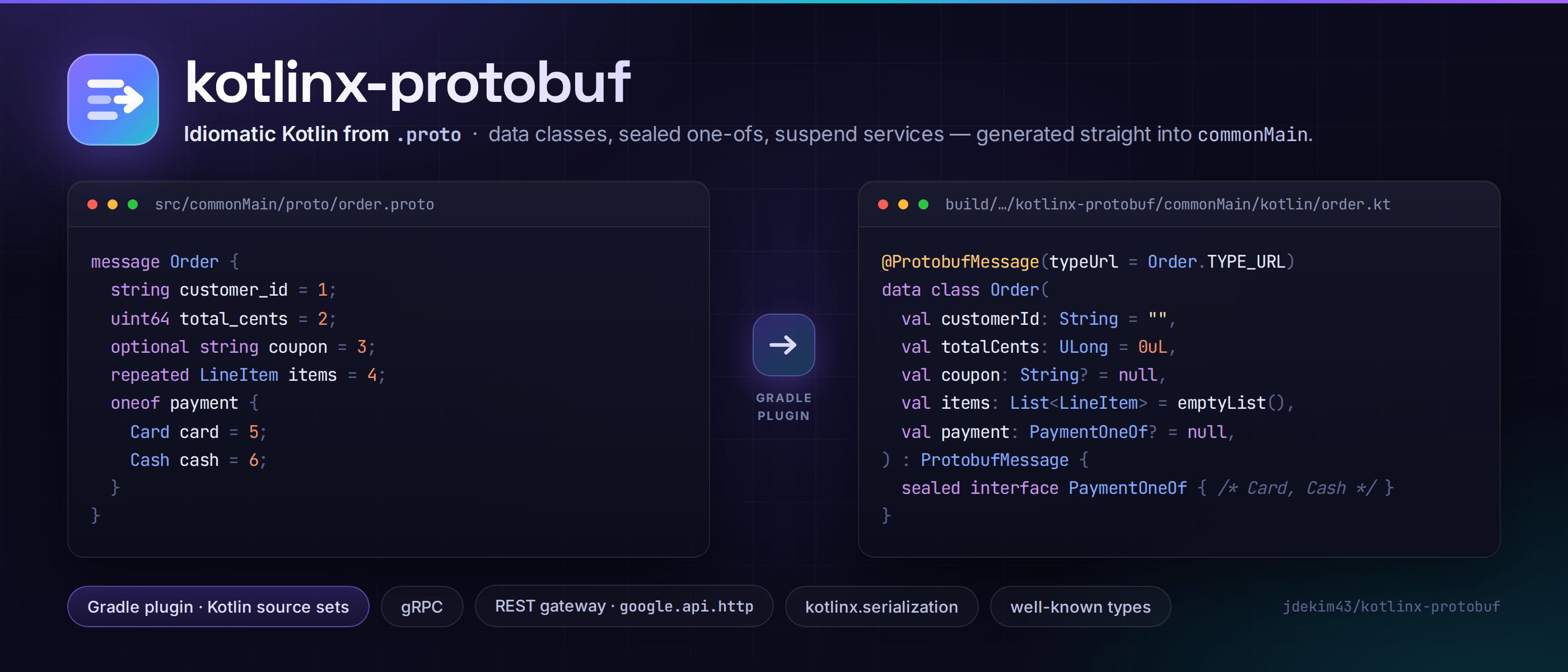 kotlinx-protobuf — idiomatic Kotlin from .proto