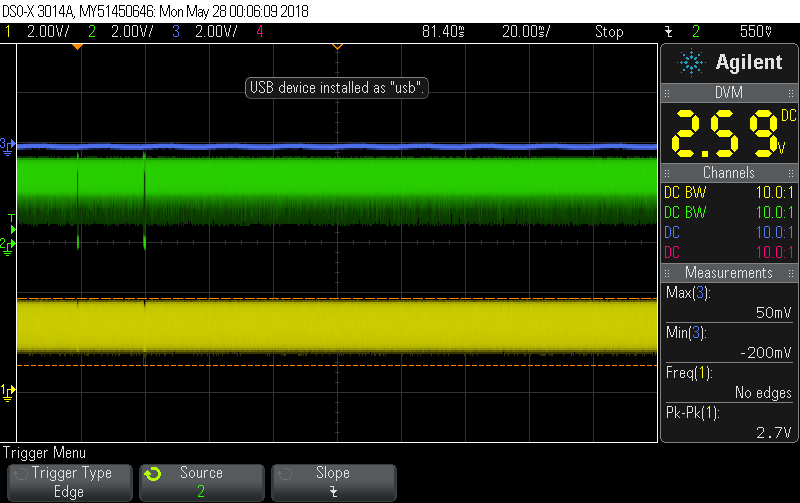 scope screen grab of RXI (green) and TXO (yellow) while URA utility scans COM port