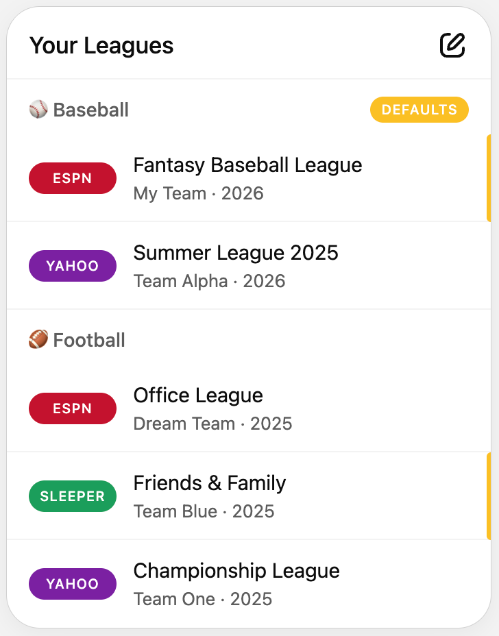 Flaim showing connected ESPN, Yahoo, and Sleeper fantasy football leagues in ChatGPT.