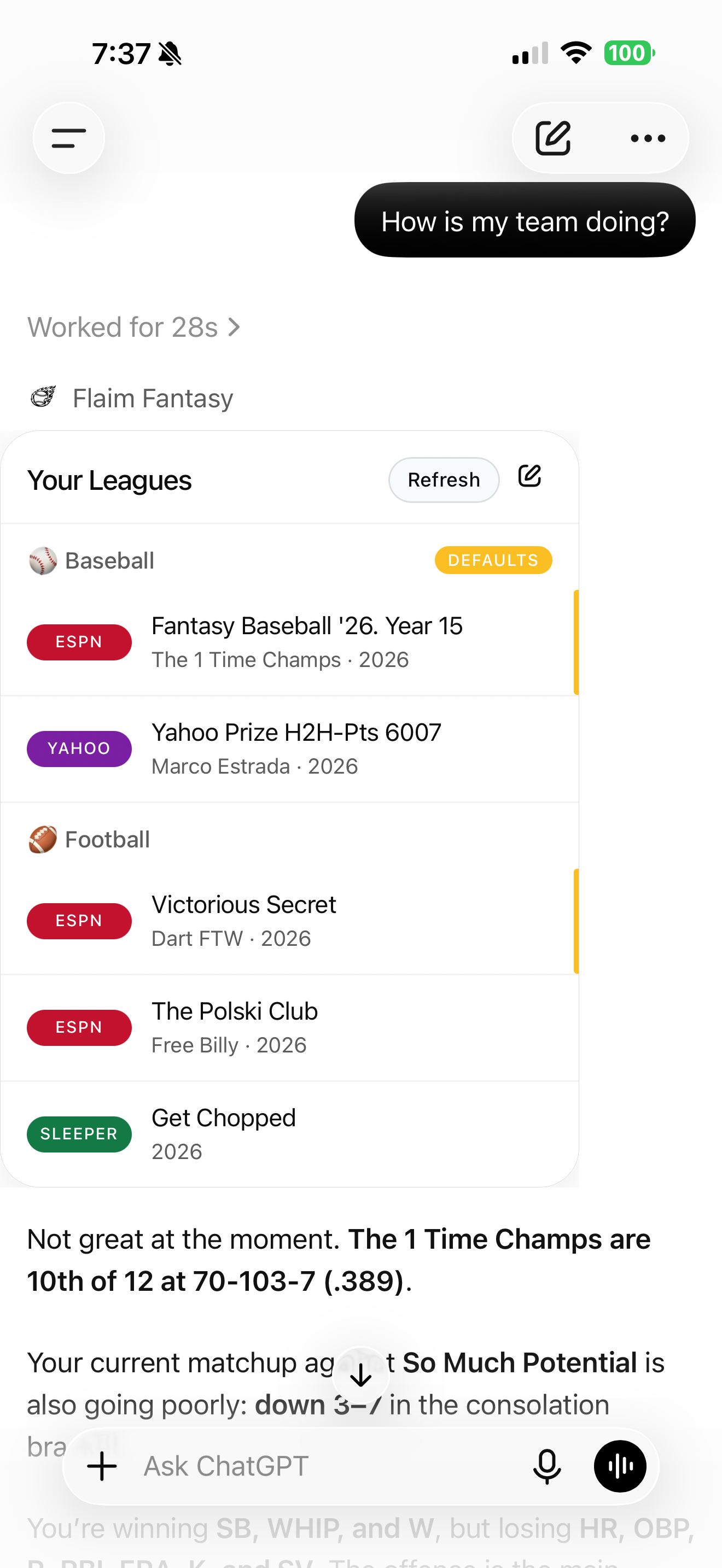 ChatGPT answering How is my team doing? with Flaim Fantasy using a connected ESPN baseball league.