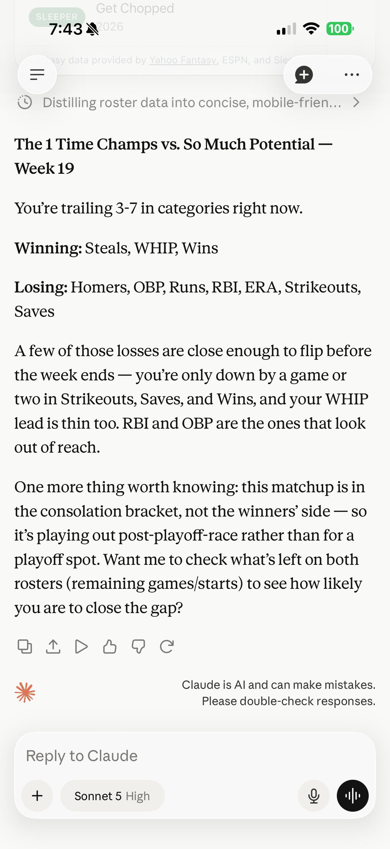 Claude showing a Flaim Fantasy answer about the status of a connected ESPN baseball matchup.