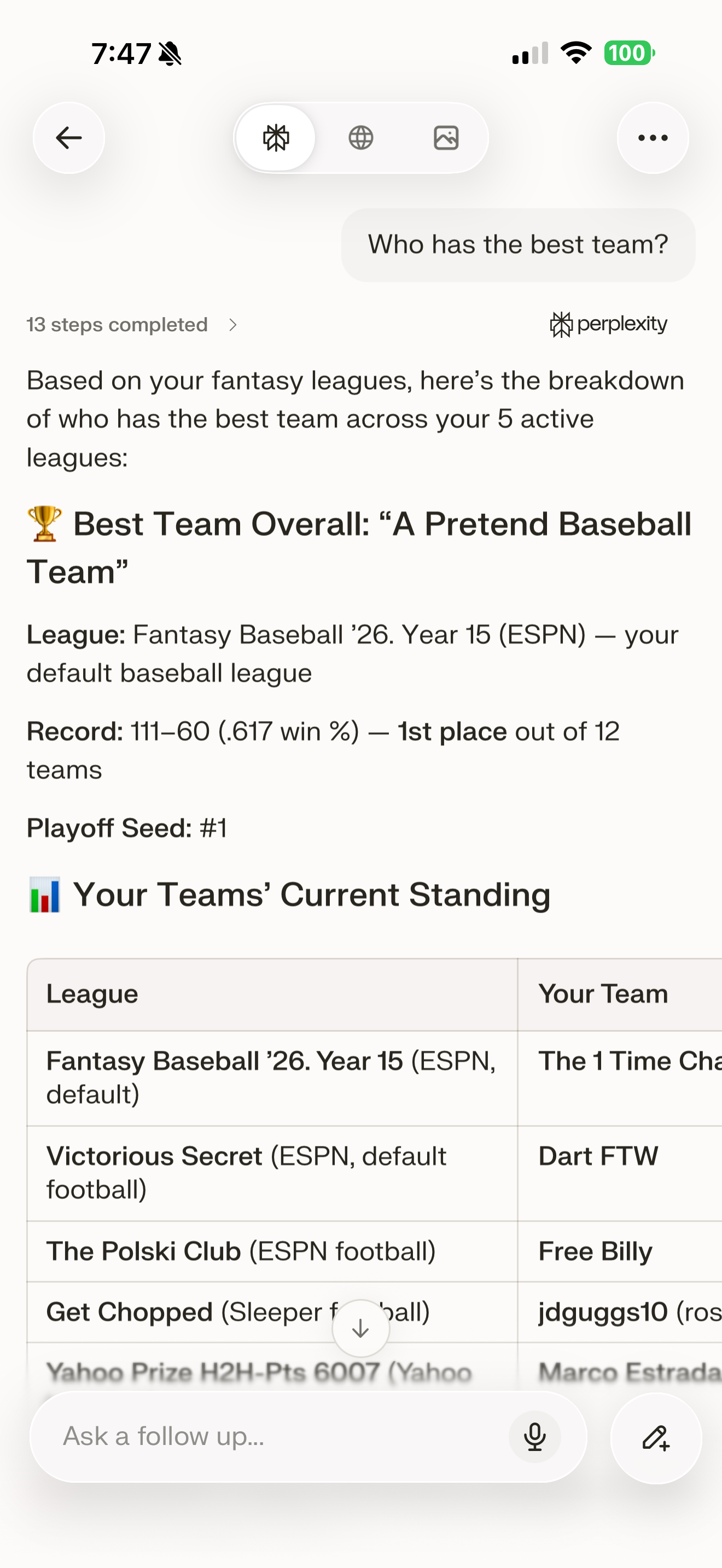 Perplexity answering Who has the best team? with Flaim Fantasy using a connected ESPN baseball league.