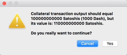 Collateral transaction output should equal 1000 Dash