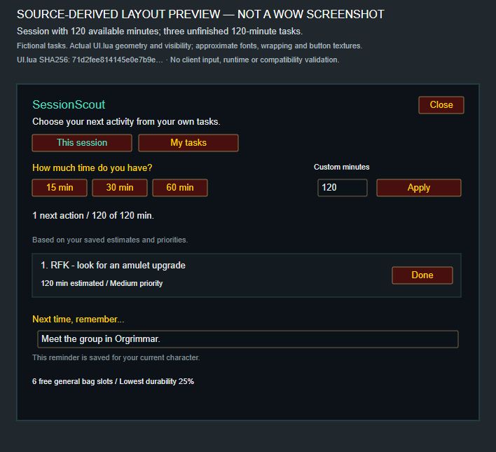Source-derived preview of SessionScout 0.1.0 with one saved task fitting a 120-minute session