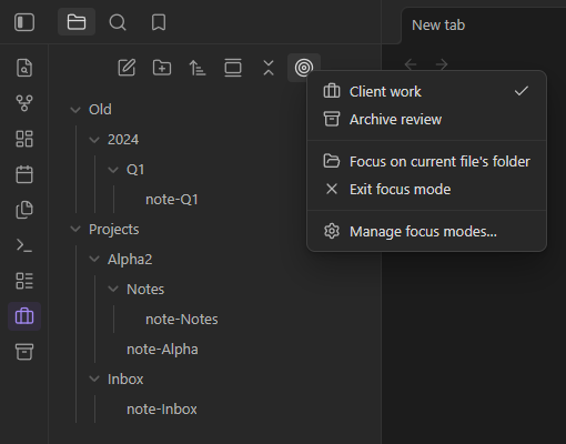 The file explorer focused on a preset, with the Focus Modes menu open