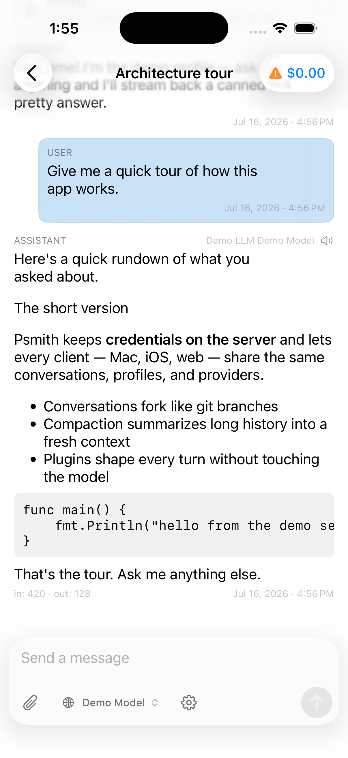A conversation in the Psmith iOS app