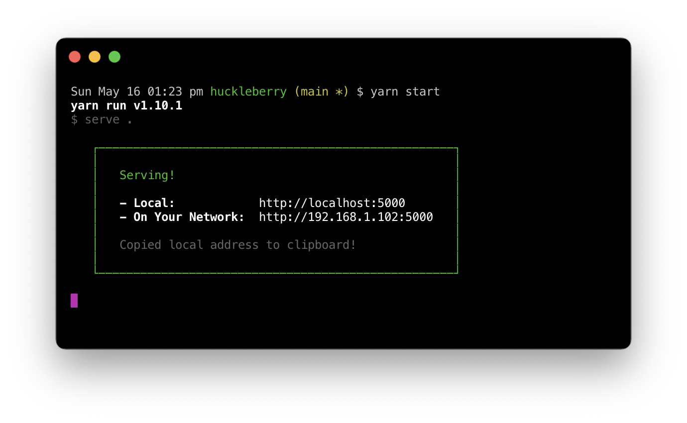 Screenshot of a terminal, showing a server running at http://localhost:5000